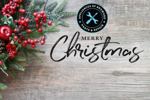 Merry Christmas greeting with festive decorations and Appliances of Broward logo, emphasizing appliance repair services in Broward County.