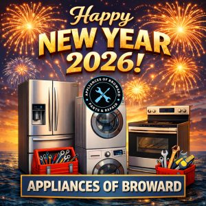 Happy New Year 2026 graphic featuring appliances including a refrigerator, washing machine, and oven, with tools and the logo of Appliances of Broward, celebrating appliance repair services in Broward County.