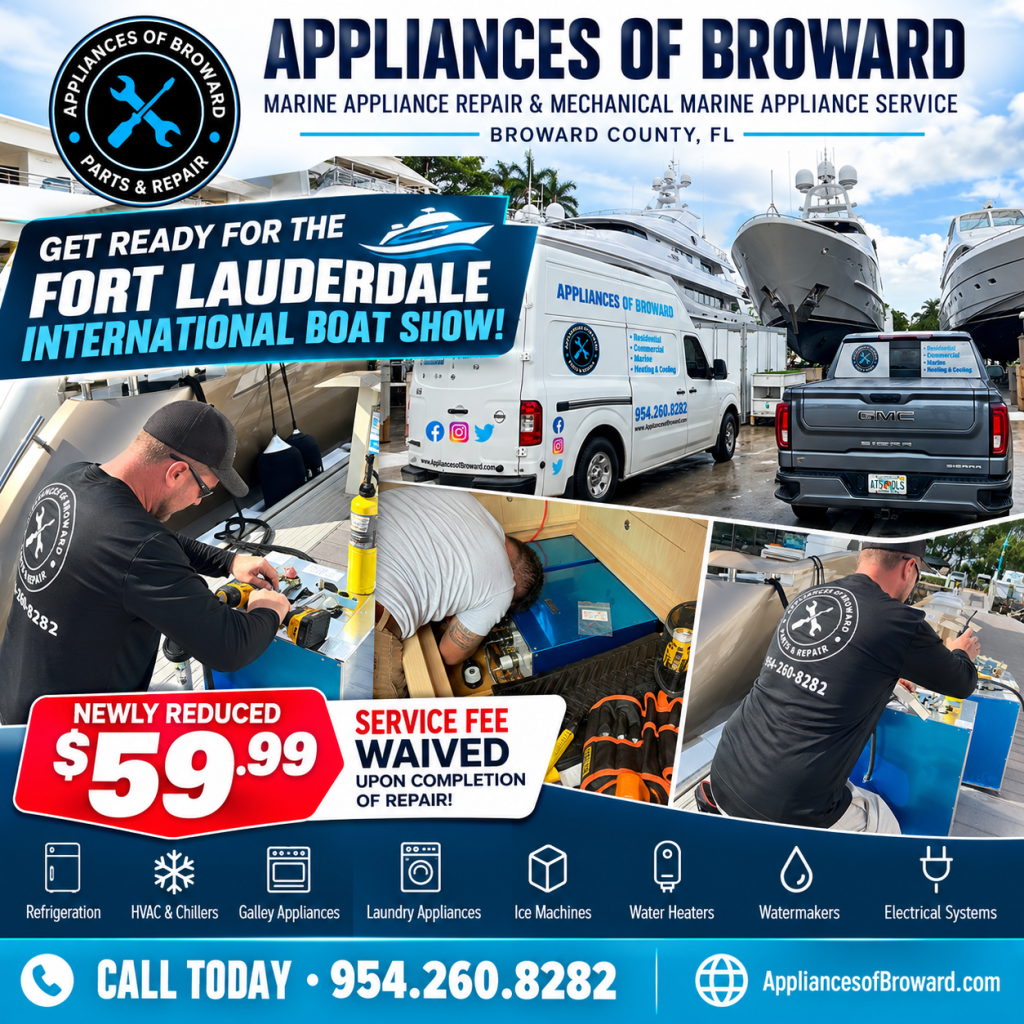 Appliances of Broward marine appliance repair technicians servicing yacht equipment in Broward County, Florida, with a $59.99 service fee promotion for the Fort Lauderdale International Boat Show.