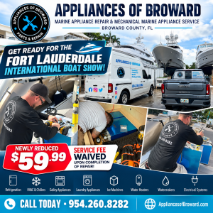 Appliances of Broward marine appliance repair technicians servicing yacht equipment in Broward County, Florida, with a $59.99 service fee promotion for the Fort Lauderdale International Boat Show.