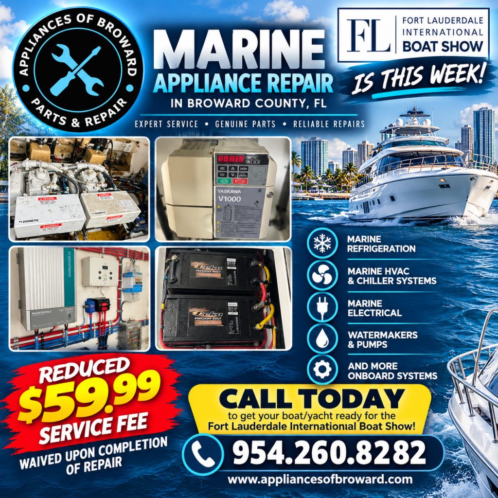 Appliances of Broward marine appliance repair in Broward County, FL, promoting a reduced $59.99 service fee waived upon completion of repair for the Fort Lauderdale International Boat Show.