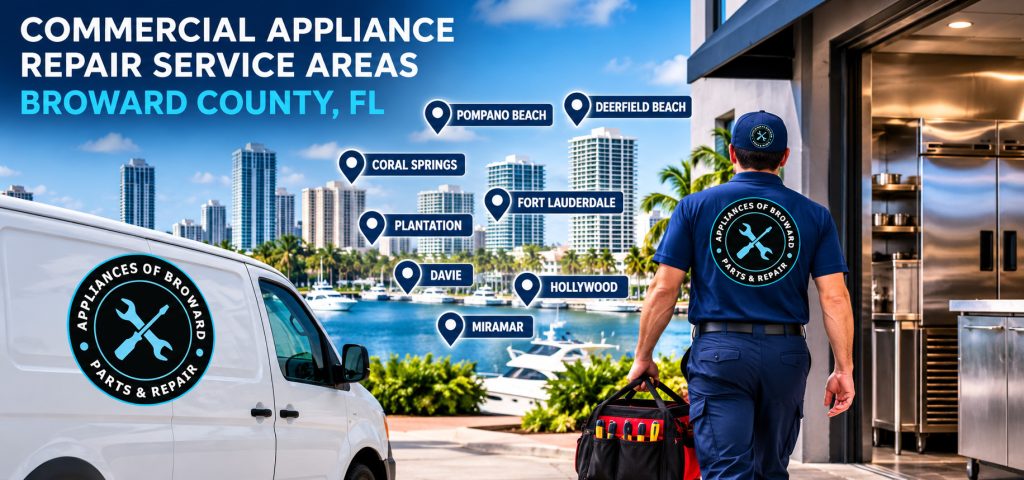 Commercial appliance repair service areas in Broward County, FL including Fort Lauderdale, Pompano Beach, Deerfield Beach, Coral Springs, Plantation, Davie, Hollywood and Miramar