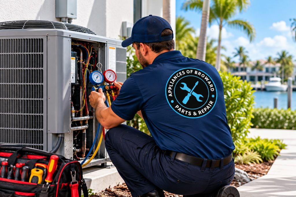 HVAC technician repairing an air conditioning system in Broward County, FL