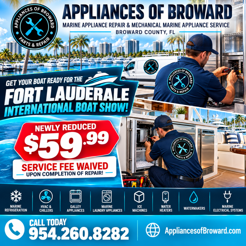Appliances of Broward marine appliance repair technician servicing yacht appliances in Broward County, Florida, promoting a $59.99 service fee waived upon completion of repair before the Fort Lauderdale International Boat Show.