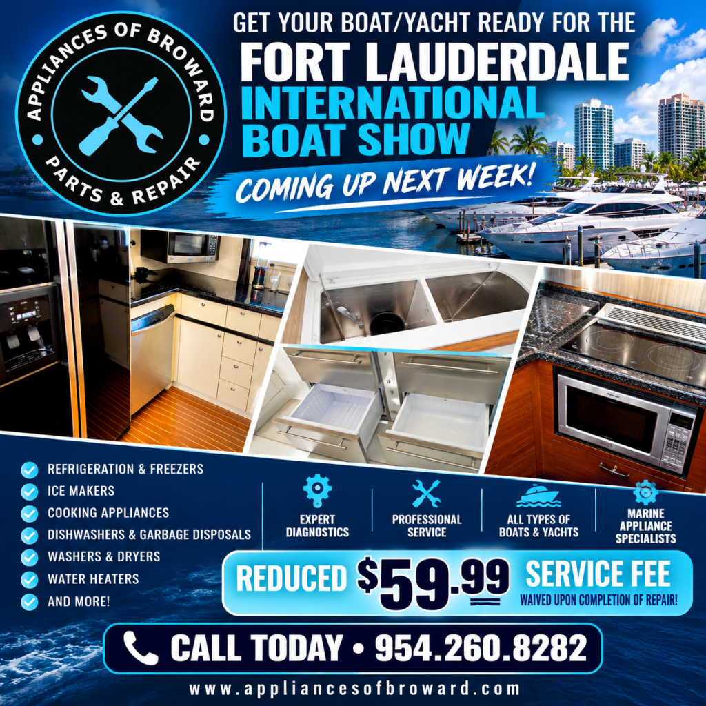Appliances of Broward marine appliance repair promotion featuring yacht galley appliances and a reduced $59.99 service fee for boat and yacht owners in Broward County, FL.