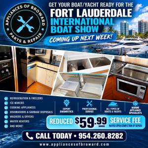 Appliances of Broward marine appliance repair promotion featuring yacht galley appliances and a reduced $59.99 service fee for boat and yacht owners in Broward County, FL.