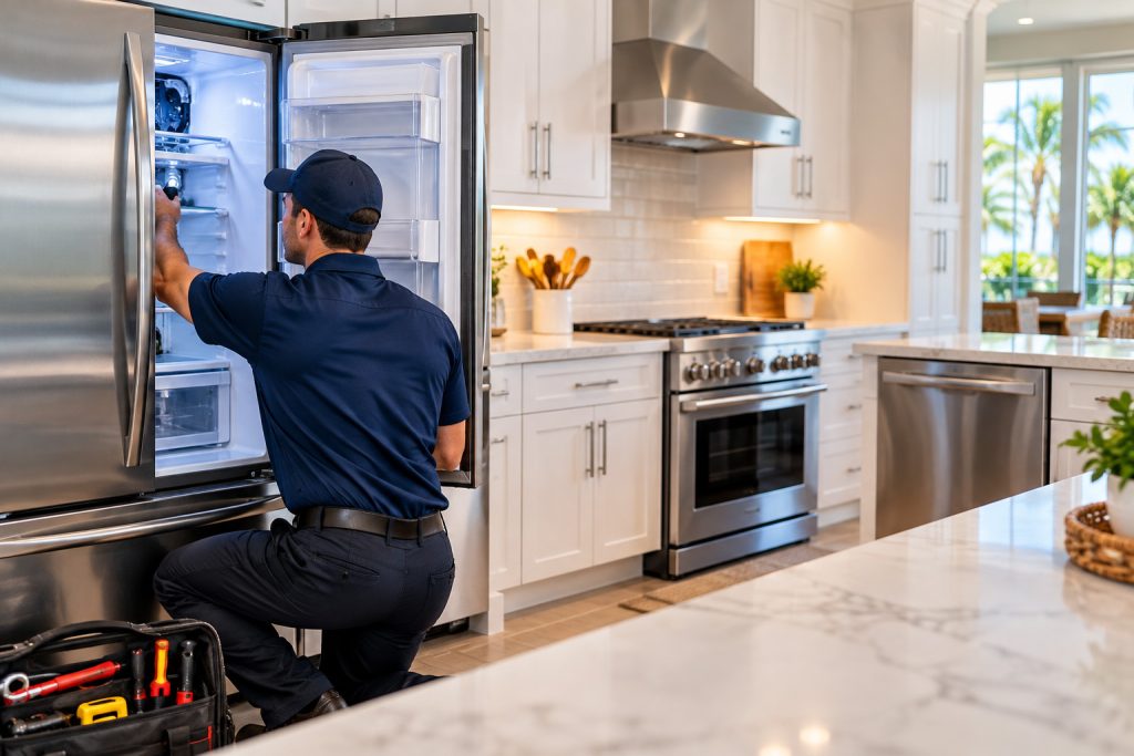 Residential appliance repair technician servicing a refrigerator in a Broward County, FL home